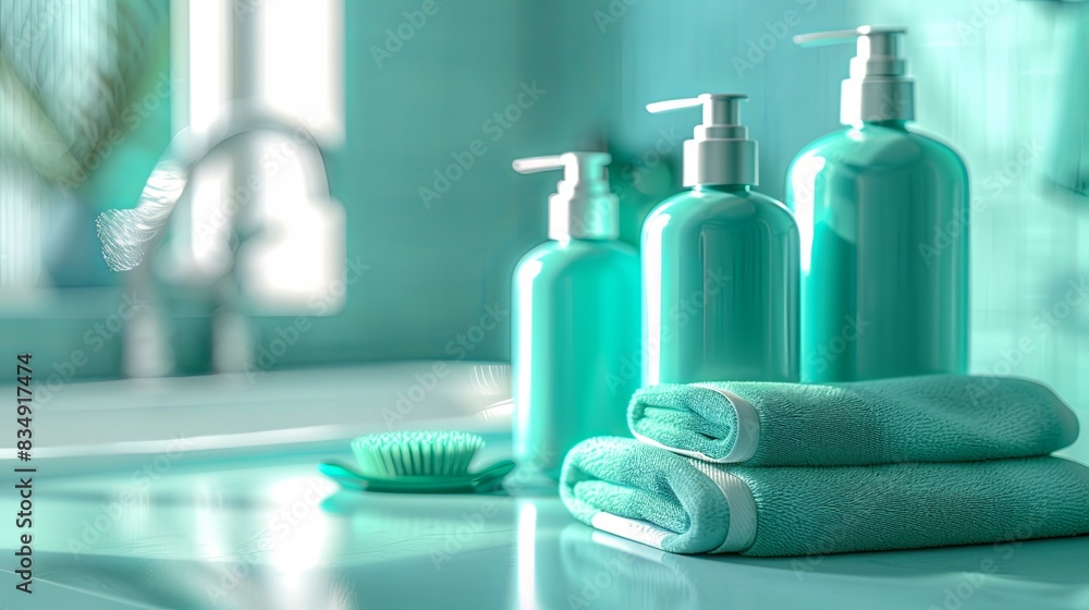 Poster Three stylish bottles of shampoo and conditioner sit on a bathroom counter with a fluffy towel in front. Generative AI