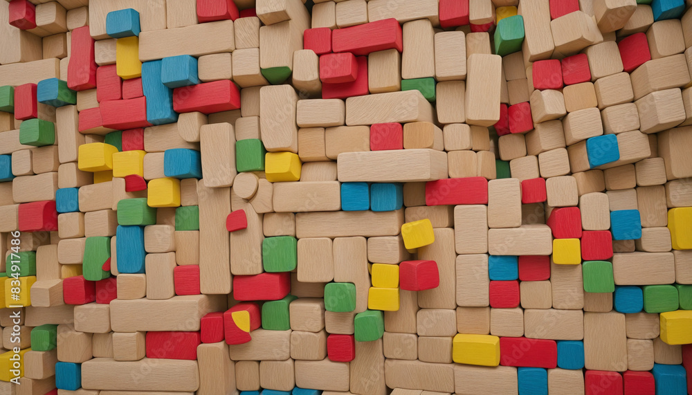 Poster colorful array of arranged wooden blocks created by artificial intelligence