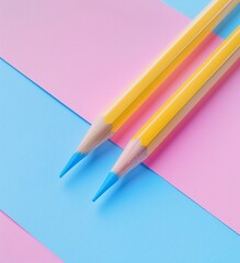two yellow pencils on a pink and blue background