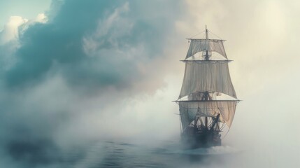 Fototapeta premium Sailing ship in sea water in heavy fog.
