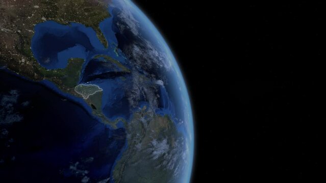 Fly Zoom into Honduras through space to see the country map region from above from space. Detailed map Showing area, HD and 4K. Animation.