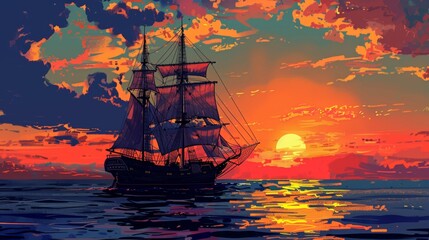 Fototapeta premium Sailing ship in sea water at sunset.
