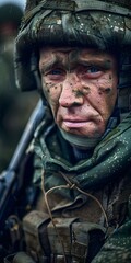 Fototapeta premium Portrait of a soldier in the rain