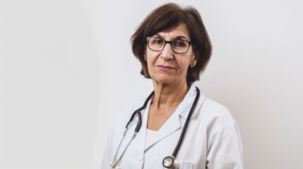 Female doctor's closeup, with stethoscope on the chest, the doctor is wearing a pleasant white doctor's coat. AI generated 