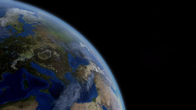 Fly Zoom into Hungary through space to see the country map region from above from space. Detailed map Showing area, HD and 4K. Animation.