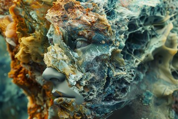 Surreal Composite Image of a Woman's Profile Blending with Natural Elements and Ethereal Textures