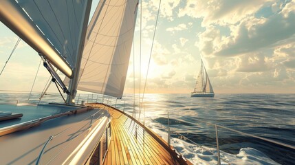 Fototapeta premium Deck view from a sailing ship with beautiful seascape.