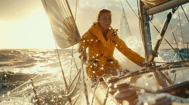 A female ship captain is navigating a sailing boat in sea.