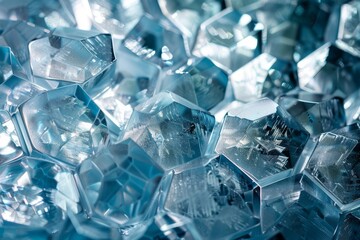 Crisp Close-Up of Hexagonal Ice Patterns with a Crystalline Structure in Cool Blue Tones