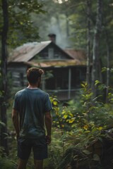 Man looking at an old abandoned house in the middle of a forest