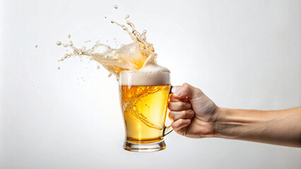 A hand grasps a chilled glass filled with golden beer and a foamy head