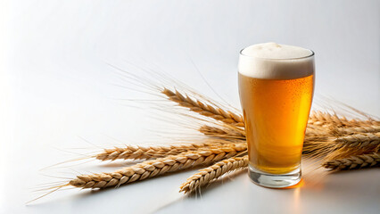 A tall, chilled glass of golden lager beer with a creamy white head and wheat
