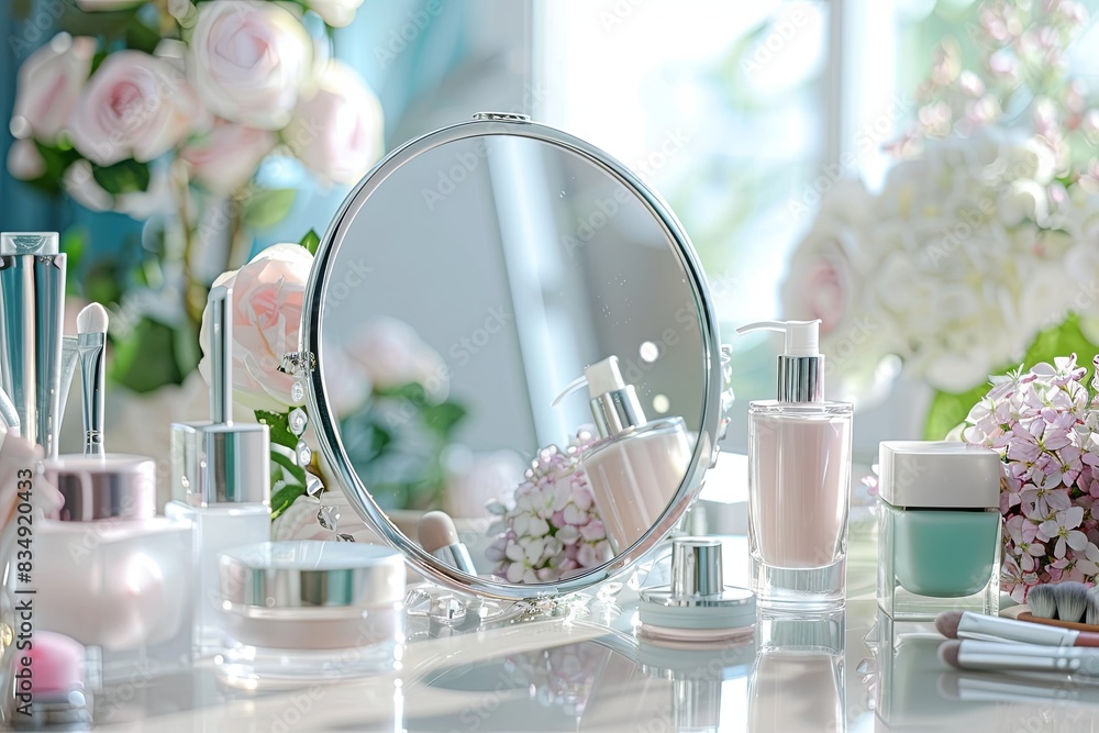 Poster a close-up of a tabletop mirror surrounded by various cosmetic products, showcasing an elegant and o