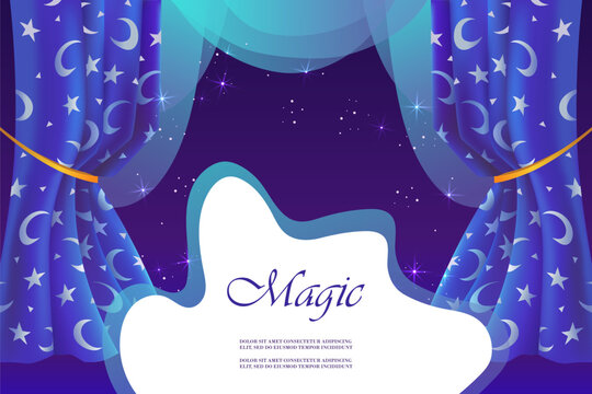 Magic show. Theater stage. Beautiful night curtains. Moon and stars. Blue dark background. Vector illustration. Horizontal isolated template for landing page, flyer, banner, poster, invitation.