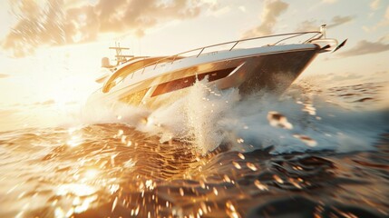 Fototapeta premium Luxury yacht moving fast in sea water at sunset with colorful sky.