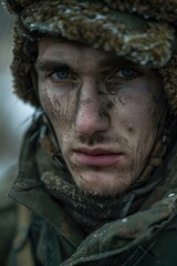 Fototapeta premium Portrait of a young male soldier with dirt on his face