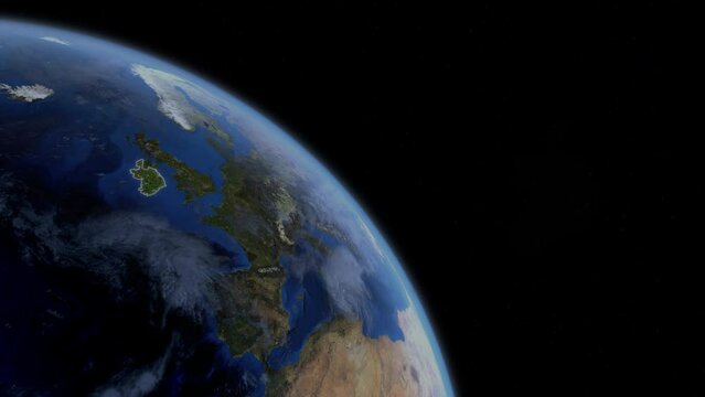Fly Zoom into Ireland, Dublin, Cork, through space to see the country map region from above from space. Detailed map Showing area, HD and 4K. Animation.