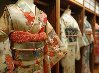 A kimono with a floral pattern and a red obi sash