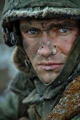 Fototapeta premium Closeup Portrait of a Soldier in a Helmet Covered in Snow and Ice