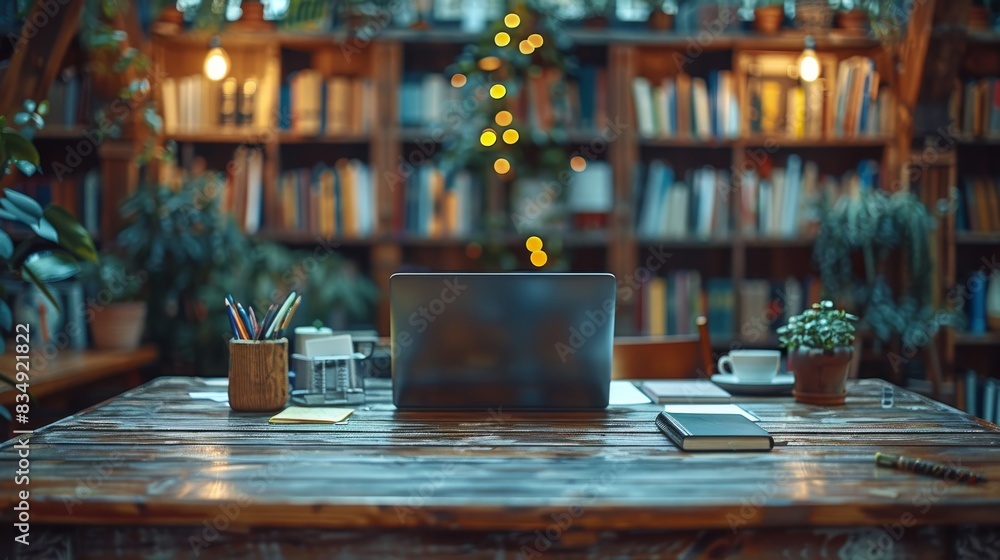 Poster A close-up view of a rustic wooden desk featuring a laptop, various notepads, and colorful pens, against a blurry background of bookshelves filled with books. Generative AI.