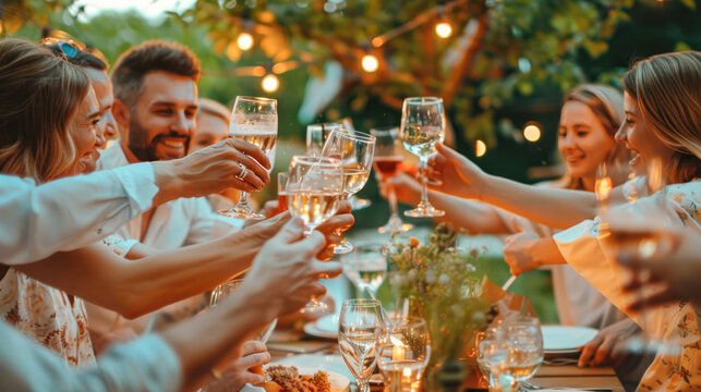 Summer garden party. Happy friends clinking glasses with wine on summer terrace of cafe or restaurant. Friends and neighbors Enjoying Outdoor Picnic In Garden and toasting on garden party at sunset