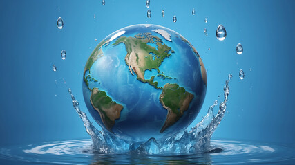 Fototapeta premium World environment day, the earth is in a water droplet on a blue background with water droplets, emphasizing the planet's continents and oceans