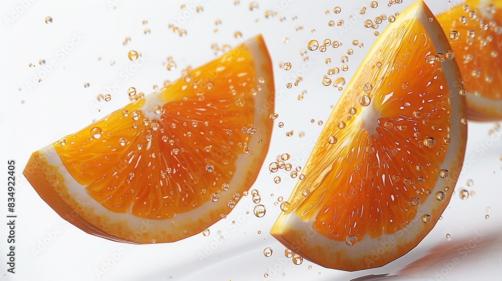 Poster 3 orange slices, orange colored, 3 fresh plump orange slices diced floating in the air, isolated on 