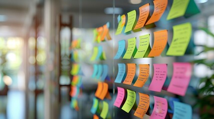 Colorful sticky notes arranged on a glass wall in an office, creating a vibrant and organized workspace environment.