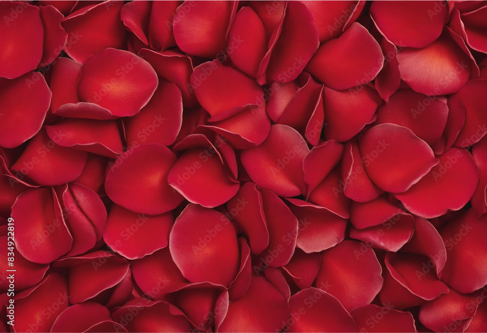 Poster romantic top view red rose petals in macro, creating a beautiful abstract background perfect for val