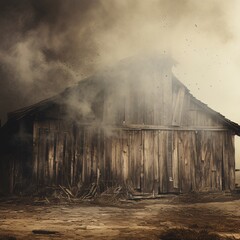 a wooden barn with smoke coming out of it