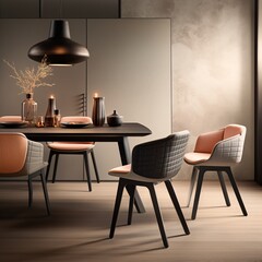 a dining table with chairs and a chandelier