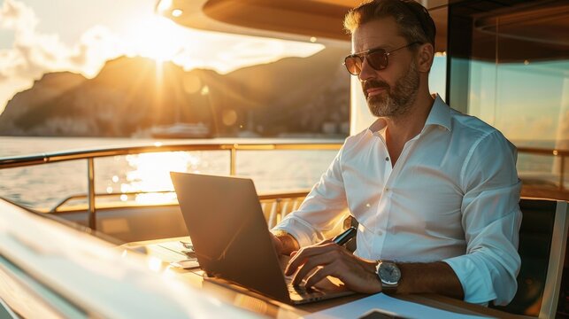 A mid-age male working on laptop computer on deck of a luxury yacht. Remote working concept.