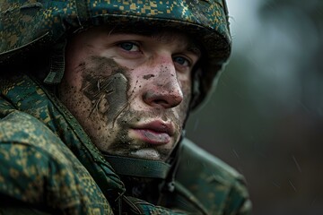 Fototapeta premium Close Up Portrait of a Soldier Covered in Mud During Rain