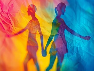 Colorful silhouette of two people holding hands cast on a textured rainbow background, symbolizing love and connection.