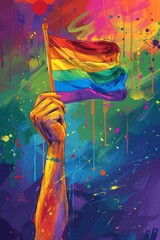Vibrant illustration of a hand holding a rainbow flag celebrating pride and diversity with colorful, splashed background art.