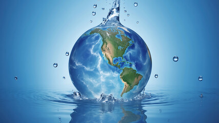 World environment day, the earth is in a water droplet on a blue background with water droplets, emphasizing the planet's continents and oceans