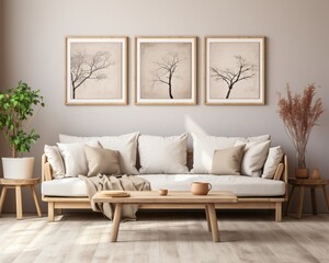 a couch with pillows and a coffee table in front of a wall
