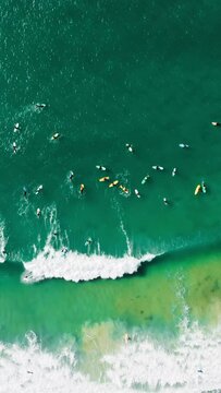 Vertical Screen: This mesmerizing aerial video captures surfers enjoying ocean waves from a unique top perspective, showcasing tranquil beach scene with water sports. Experience the beauty from above