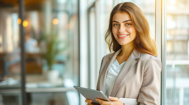 A smiling businesswoman holding a tablet, with a bright office interior in the background. The concept of professional occupation. Generative AI