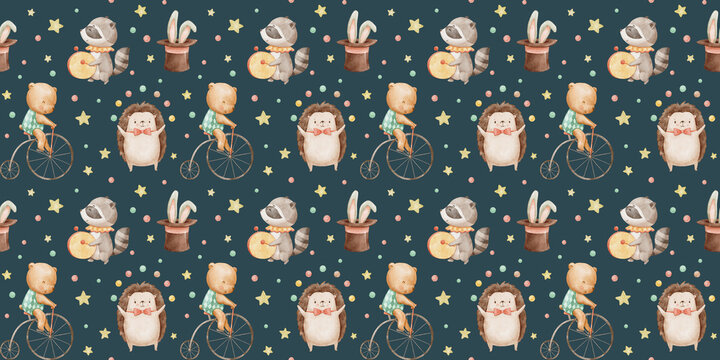 Fototapeta Seamless pattern with watercolor circus cute animals on dark background. Hand drawn repeat backdrop for nursery, kids and baby textile or fabric.
