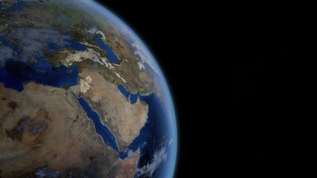 Fly Zoom into Jordan, Amman, Zarqa, through space to see the country map region from above from space. Detailed map Showing area, HD and 4K. Animation.