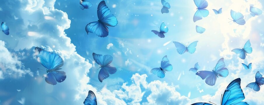 Fototapeta Blue butterflies flying in a sky full of clouds on a sunny day