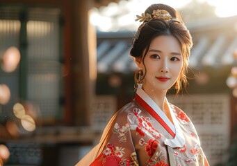 Fototapeta premium Portrait of a young woman in traditional Korean dress, or hanbok