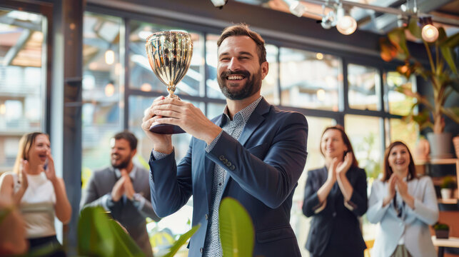 Businessman in suit holding a golden trophy cup with his both hands, celebrating a standout team member, office team applause. Employee Appreciation Day concept. Professional achievement, success