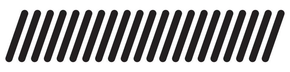 Slash divider. Slash line border. Diagonal parallel lines divider strip. Angle of tilt stripes. Black pattern of footer isolated on white background. 11:11