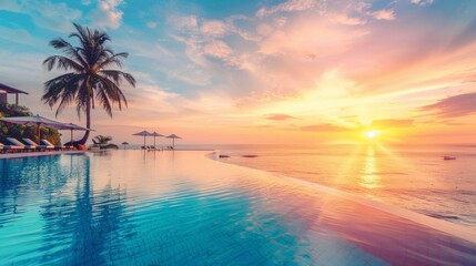 Swimming pool of a large mansion at sunset.