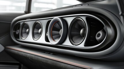 Naklejka premium A side view of car speakers mounted on the rear deck, delivering powerful bass and crystal-clear highs to elevate the in-car entertainment.