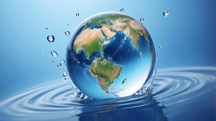 World environment day, the earth is in a water droplet on a blue background with water droplets, emphasizing the planet's continents and oceans