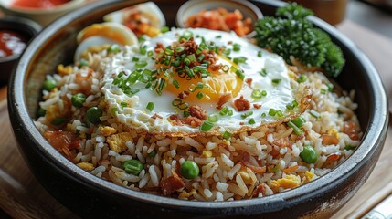 A bowl of Fried Rice with eggs and other side dishes. Generative AI.