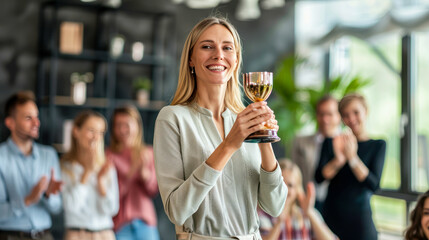 Businesswoman in suit holding a golden trophy cup with both hands, celebrating standout team member, office team applause. Employee Appreciation Day concept. Professional achievement, success, winner